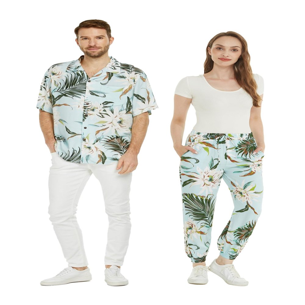 Matchable Couple Hawaiian Luau Jogger Pants in Wispy Cereus Light Blue, Women, 2XL