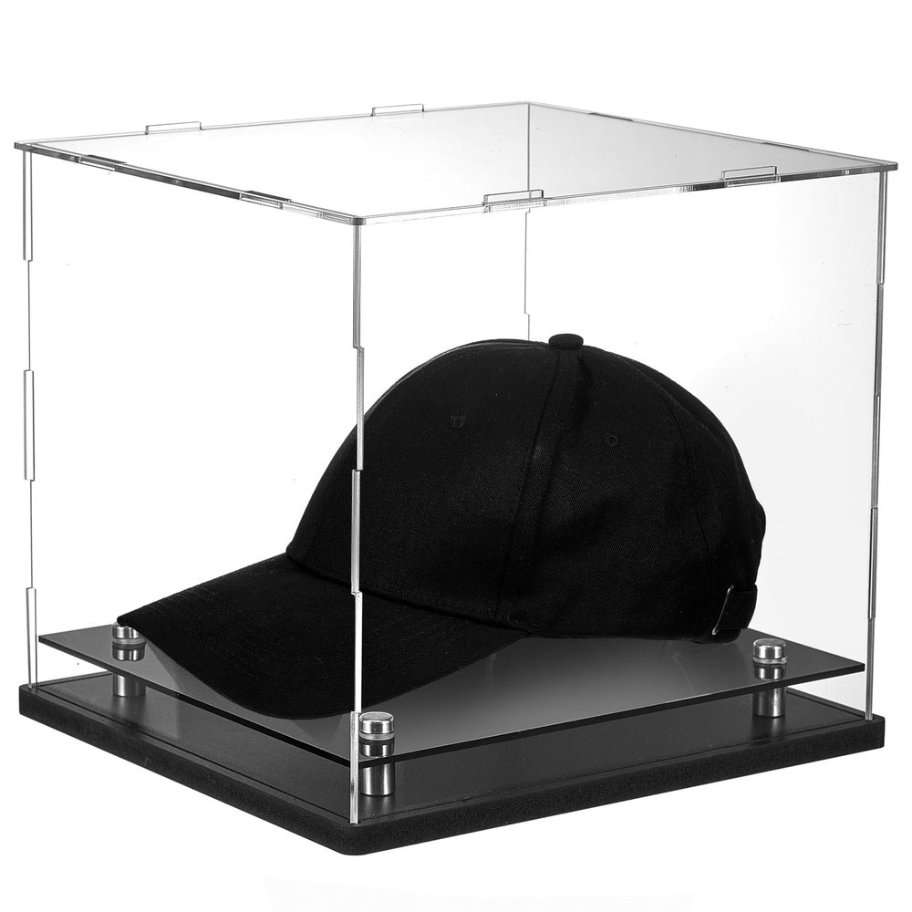 Barydat Clear Hat Display Case 7.8" L x 7.8" W x 8.6" H Crystal Acrylic Baseball Hat Box with Stainless Steel Risers Memorabilia Helmet Display Holder Stand