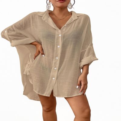 Bsubseach Linen Bathing Suit Cover Up Shirt Women Button Down Beach Cover Ups Split Tie Swimsuit Coverup Blouse Apricot M