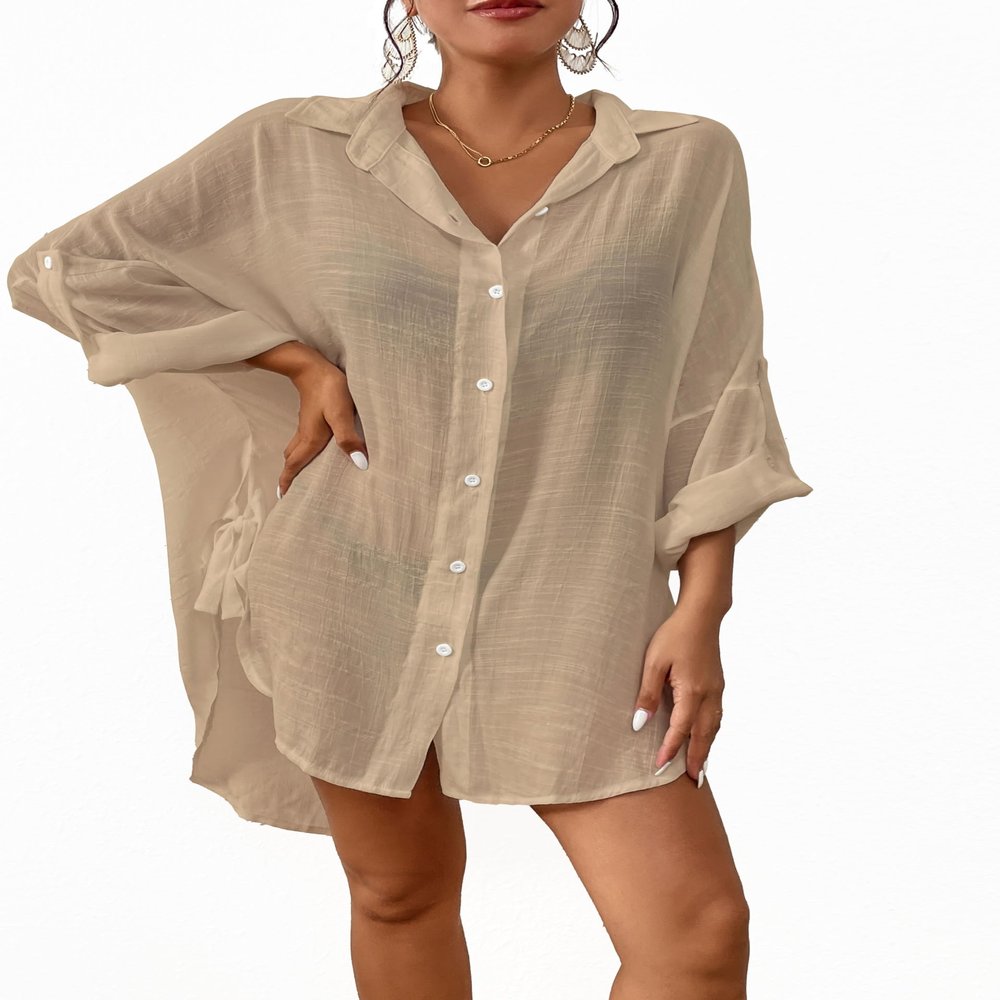 Bsubseach Linen Bathing Suit Cover Up Shirt Women Button Down Beach Cover Ups Split Tie Swimsuit Coverup Blouse Apricot M
