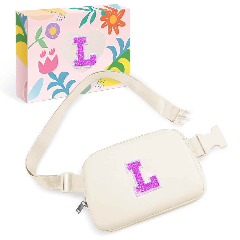 COSHAYSOO Initial Letter Fanny Pack for Girls Personalized Birthday Gifts for 6 7 8 9 10 11 12 Year Old Teen Girl, Girly Fashion Crossbody Purse Belt Bag Preteen Tween Purse Ivory L