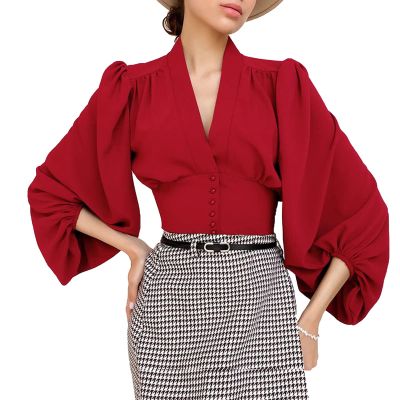 JEsilunmaMY Womens Court Lantern Sleeve Shirts Wrap V Neck Buttons Pleated Blouses Solid Color Slim Fit Elegant Chiffon Shirt (Red,Medium)