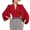 JEsilunmaMY Womens Court Lantern Sleeve Shirts Wrap V Neck Buttons Pleated Blouses Solid Color Slim Fit Elegant Chiffon Shirt (Red,Medium) view 1