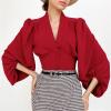 JEsilunmaMY Womens Court Lantern Sleeve Shirts Wrap V Neck Buttons Pleated Blouses Solid Color Slim Fit Elegant Chiffon Shirt (Red,Medium) view 2
