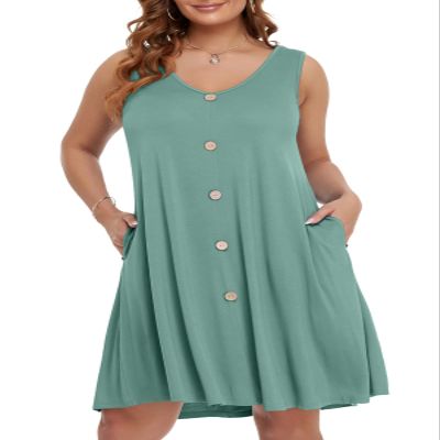 BELAROI Plus Size Summer Dresses Sundress for Curvy Women Beach Swimsuit Coverup Casual Swing V Neck Button Sleeveless Tshirt Tank Dress with Pockets (3X,Grayish Green)