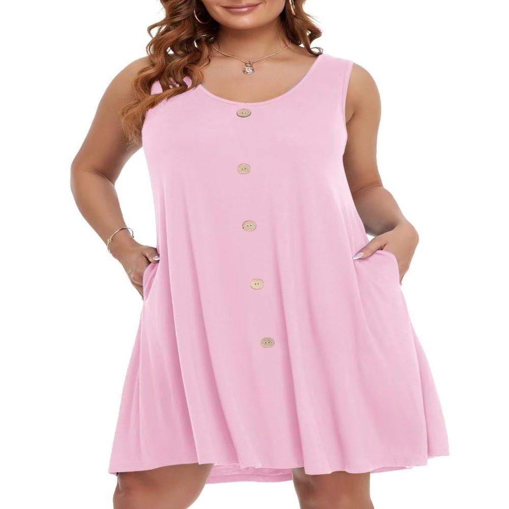 BELAROI Plus Size Summer Dresses Sundress for Curvy Women Beach Swimsuit Coverup Casual Swing V Neck Button Sleeveless Tshirt Tank Dress with Pockets (5X, Pink)