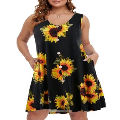 BELAROI Plus Size Summer Dresses Sundress for Curvy Women Beach Swimsuit Coverup Casual V Neck Button Sleeveless Tshirt Vacation Tank Dress with Pockets(1X,Flower35)