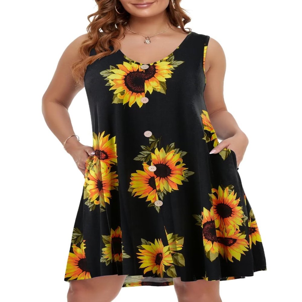 BELAROI Plus Size Summer Dresses Sundress for Curvy Women Beach Swimsuit Coverup Casual V Neck Button Sleeveless Tshirt Vacation Tank Dress with Pockets(1X,Flower35)