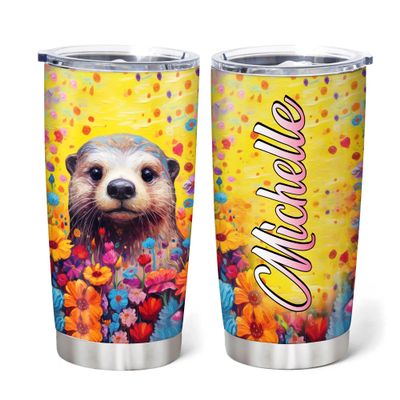 Hyturtle Personalized Gifts For Otter Lover - Otter Printed With Floral Custom Name Stainless Steel Tumbler 20oz With Lid - Idea Sea Animal Lover Gifts For Women Girl Kids On Birthday Christmas