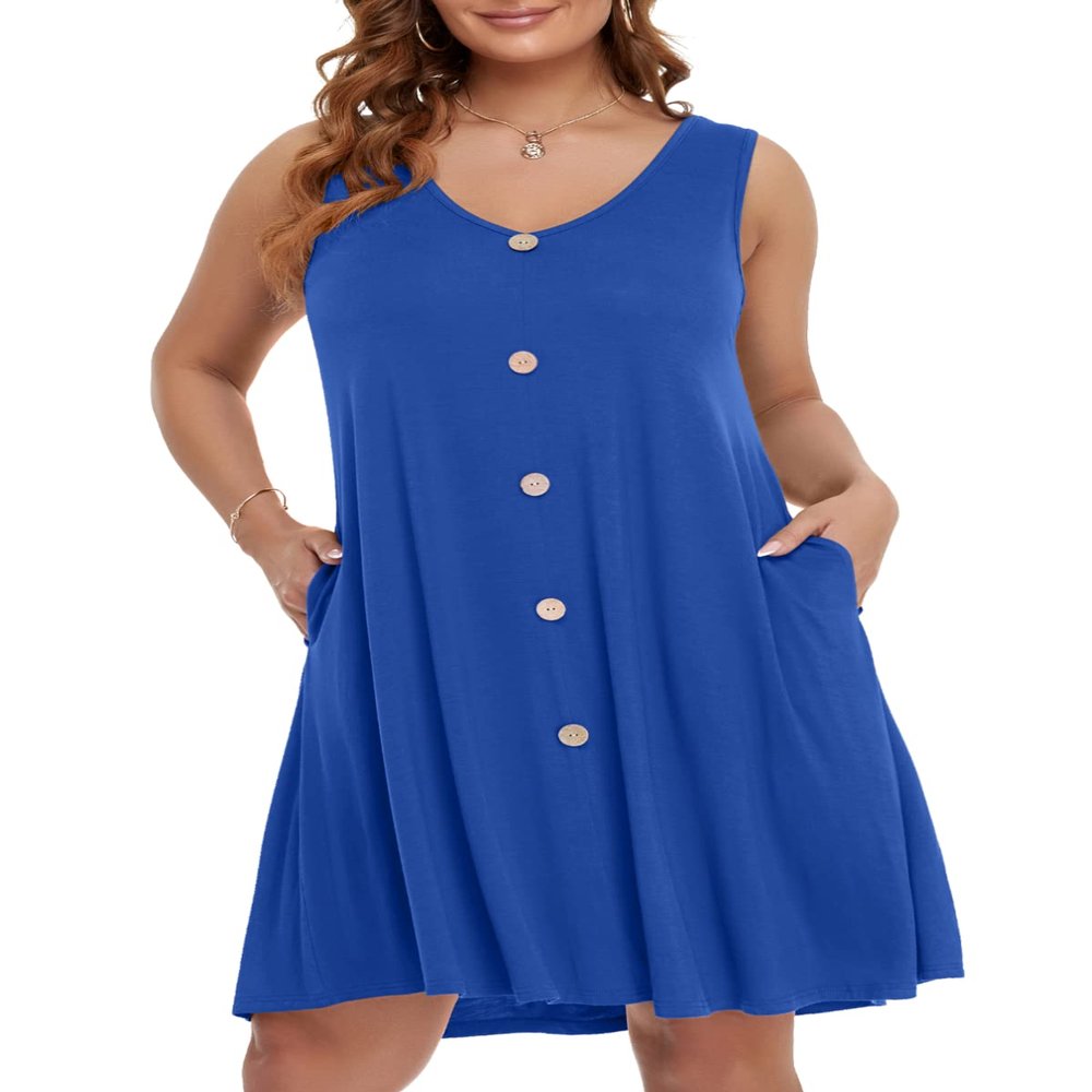 BELAROI Plus Size Summer Dresses Sundress for Curvy Women Beach Swimsuit Coverup Casual Swing V Neck Button Sleeveless Tshirt Tank Dress with Pockets (4X,Royal Blue)