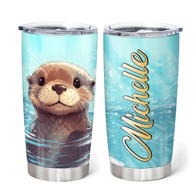 Hyturtle Personalized Gifts For Otter Lover - Otter Print Stuff Customized Name Stainless Steel Tumbler 20oz With Lid - Idea Sea Animal Lover Gifts For Women Girl Kids On Birthday Christmas