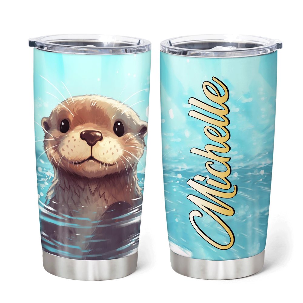 Hyturtle Personalized Gifts For Otter Lover - Otter Print Stuff Customized Name Stainless Steel Tumbler 20oz With Lid - Idea Sea Animal Lover Gifts For Women Girl Kids On Birthday Christmas