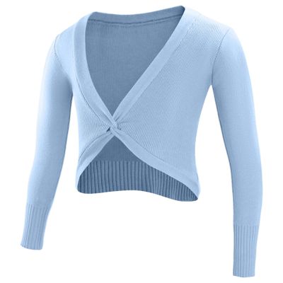 TiaoBug Kids Girls Long Sleeve Warm-up Cotton Twist Knot Front Dance Cardigan Gymnastic Ballet Dance Wrap Tops Light Blue 9-10 Years