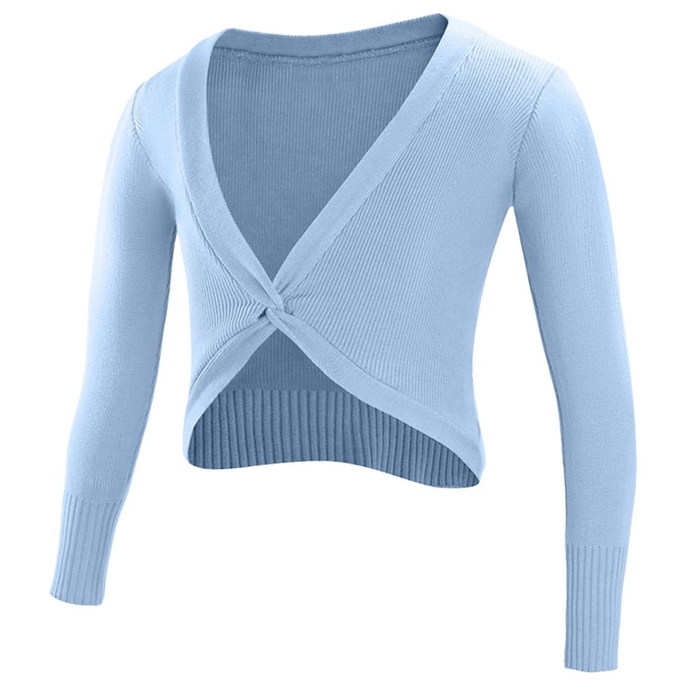 TiaoBug Kids Girls Long Sleeve Warm-up Cotton Twist Knot Front Dance Cardigan Gymnastic Ballet Dance Wrap Tops Light Blue 9-10 Years