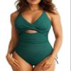 Aleumdr Women's Ribbed One Piece Swimsuit Tummy Control Bathing Suit Cheeky V Neck High Cut Cross Back Swimwear Vintage Green Large view 1