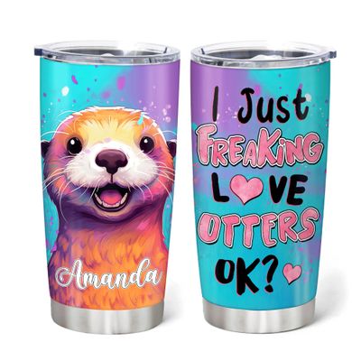 Hyturtle Personalized Gifts For Otter Lover - I Just Freaking Love Otters Custom Name Stainless Steel Tumbler 20oz With Lid - Idea Sea Animal Lover Gifts For Women Girl Daughter On Birthday Christmas