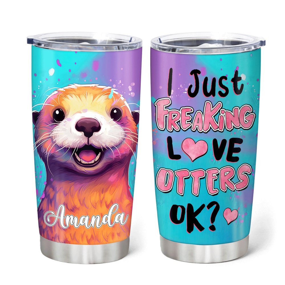 Hyturtle Personalized Gifts For Otter Lover - I Just Freaking Love Otters Custom Name Stainless Steel Tumbler 20oz With Lid - Idea Sea Animal Lover Gifts For Women Girl Daughter On Birthday Christmas