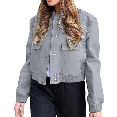 Women Casual Crop Bomber Jacket Oversized Varsity Button Down Baseball Coat Casual Outwear Vintage Streetwear