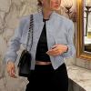 Women Casual Crop Bomber Jacket Oversized Varsity Button Down Baseball Coat Casual Outwear Vintage Streetwear view 2