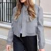 Women Casual Crop Bomber Jacket Oversized Varsity Button Down Baseball Coat Casual Outwear Vintage Streetwear view 3