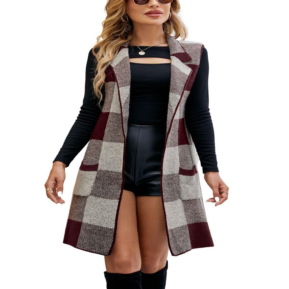 chouyatou Women's Open Front Plaid Sweater Vest Notched Lapel Sleeveless Jacquard Knit Vest Jacket (Large, Wine Red)