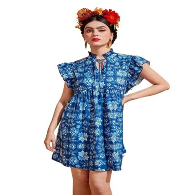 ACEMT Allover Floral Print Tie Neck Ruffle Trim Smock Dress (Color : Blue and White, Size : X-Small)