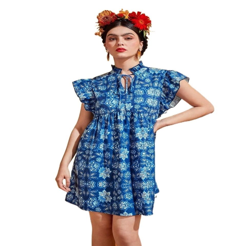 ACEMT Allover Floral Print Tie Neck Ruffle Trim Smock Dress (Color : Blue and White, Size : X-Small)