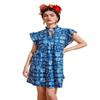 ACEMT Allover Floral Print Tie Neck Ruffle Trim Smock Dress (Color : Blue and White, Size : X-Small) view 1