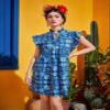ACEMT Allover Floral Print Tie Neck Ruffle Trim Smock Dress (Color : Blue and White, Size : X-Small) view 2