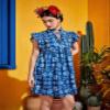 ACEMT Allover Floral Print Tie Neck Ruffle Trim Smock Dress (Color : Blue and White, Size : X-Small) view 4