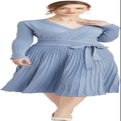 Ailaoyou Sweater Dress for Women Long Sweater Dress Belt Big Swing Pleated V Neck Cashmere Long Belted Textured Dress Casual Ribbed Knit A Line Pullover Vestido Tipo Sueter para MujerAC-1303-Blue-M