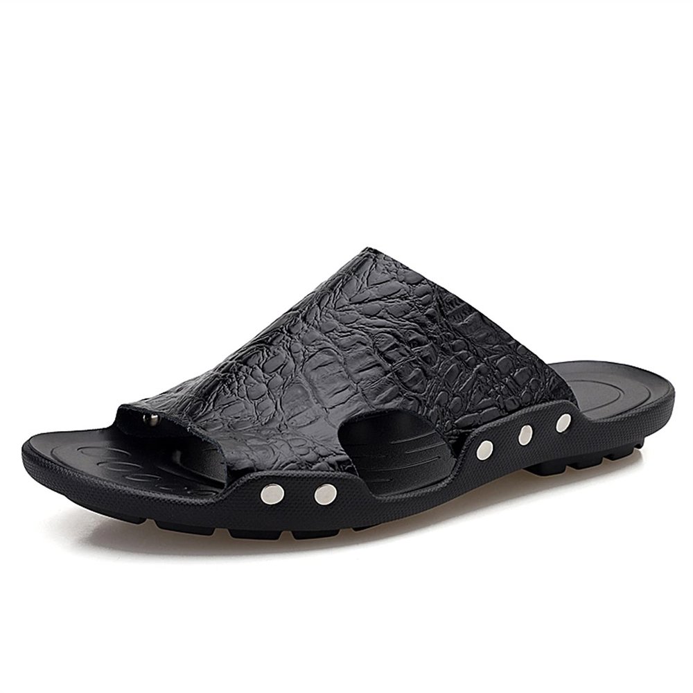 HOOENG Mens Slide Sandals Closed Toe Crocodile Print Pool Slide Slippers Leather Water Resistant Outdoor Slipper Shoes (Color : Black, Size : 9.5)