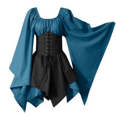 Halloween Customers for Women Skeleton Print Lace Sling Faire Fairy Dress Long Sleeve for Renaissance Festival Cosplay Party Medieval Day Vestidos espeluznantes para Mujer