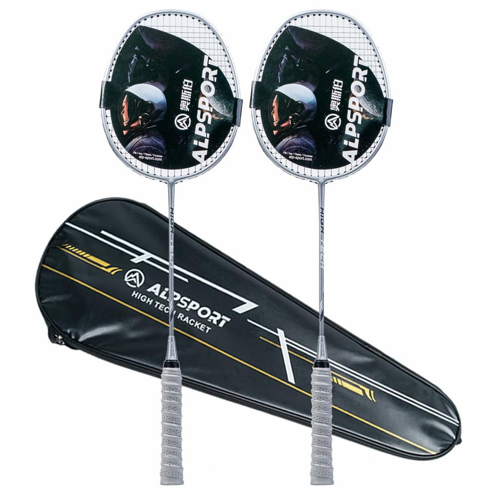 ALPSPORT RR Graphite Badminton Rackets Sets of 2, Composite Carbon Fiber Aluminum Racquets Including Badminton Bag, 2 Tied Grip Tapes (Silver)