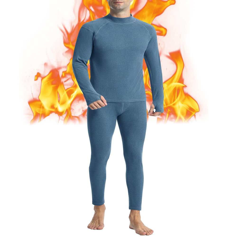 Runhit Long Johns for Men Thermal Underwear Set Winter Fleece Base Layer Thermal Top and Bottom Long Underwear Mens Cold Weather Small Blue