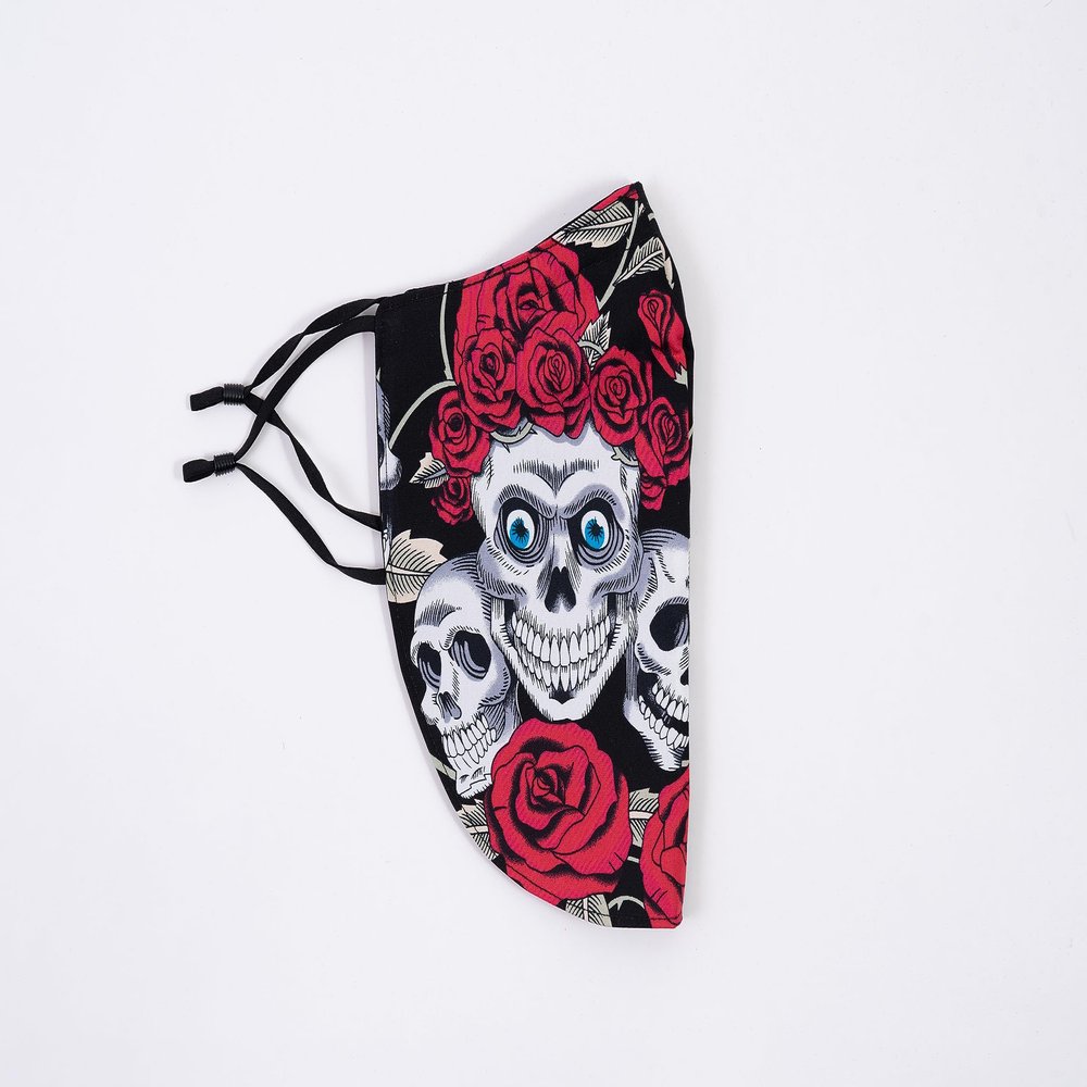 Beard Face Mask for Men with Beard, Bearded Men Mask, Skull and Rose Pattern, Cotton, Red/Black, 4 Inches