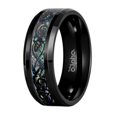 Truly Alpha Mens Rings - Celtic Dragon Wedding Band | 8mm Mens Titanium Wedding Bands | Beveled Edges Men's Rings | Polished Titanium Rings For Men | Mens Wedding Band | Carbon Fiber Rings For Men