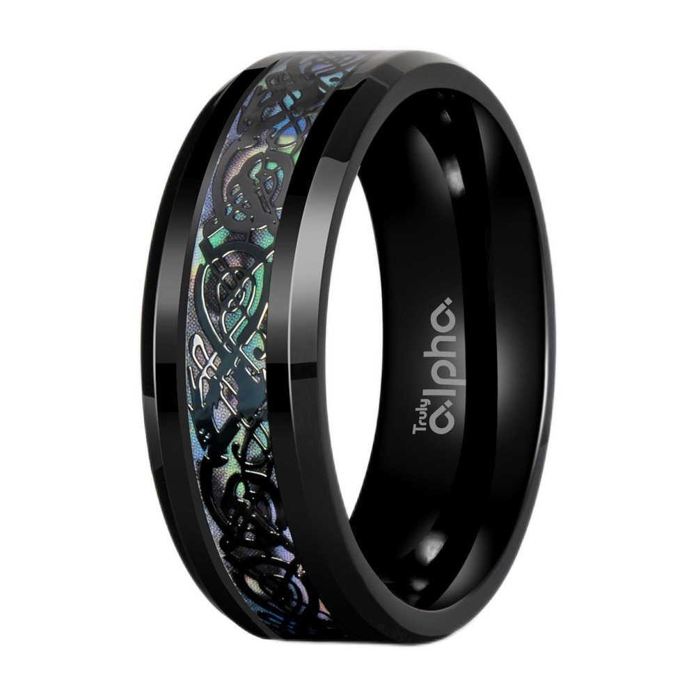 Truly Alpha Mens Rings - Celtic Dragon Wedding Band | 8mm Mens Titanium Wedding Bands | Beveled Edges Men's Rings | Polished Titanium Rings For Men | Mens Wedding Band | Carbon Fiber Rings For Men