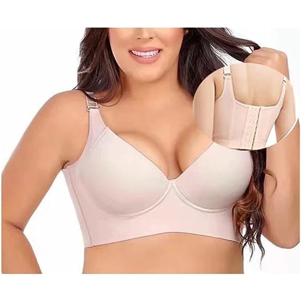 NEOXOL Women Deep Cup Bra Hide Back Fat Bra, Full Back Coverage Push Up Sports Bra with Comfort Pushup Bra (Beige,44E)