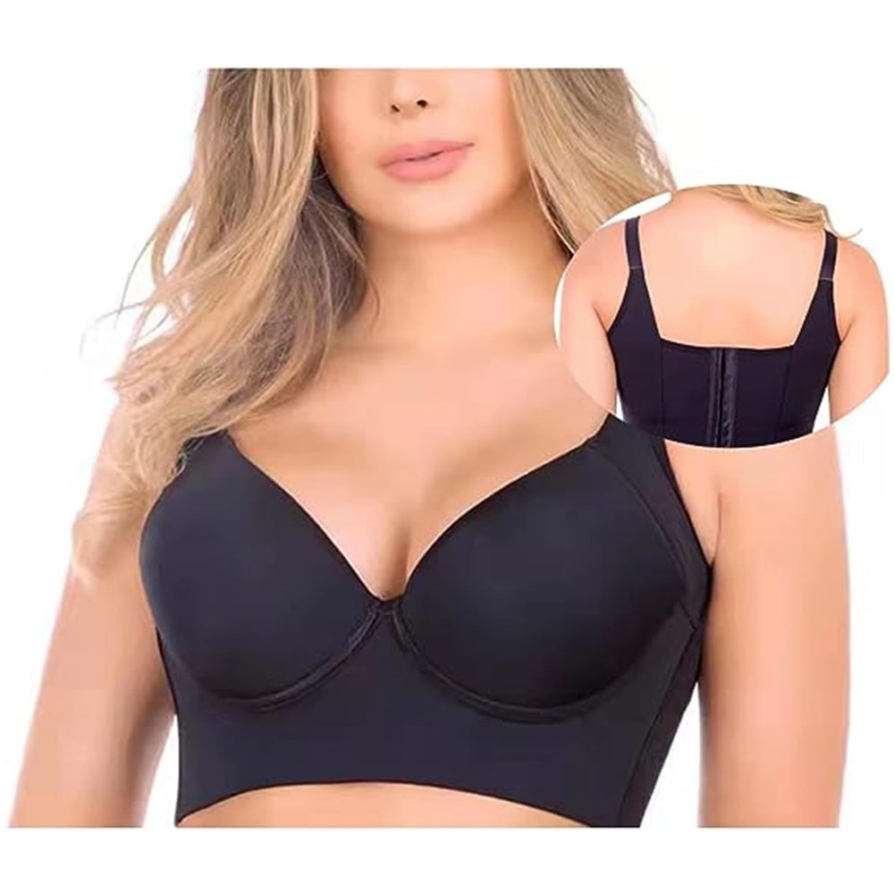 NEOXOL Women Deep Cup Bra Hide Back Fat Bra, Full Back Coverage Push Up Sports Bra with Comfort Pushup Bra (Black,42D)