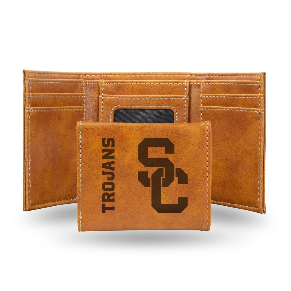 Rico Industries NCAA USC Trojans Mens Tri Fold Brown Wallet- Premium 9 Pocket Laser-Engraved Team Logo on Vegan Leather- Minimalist Design, ID Window, Credit Card Holder- Ideal Mens Gift