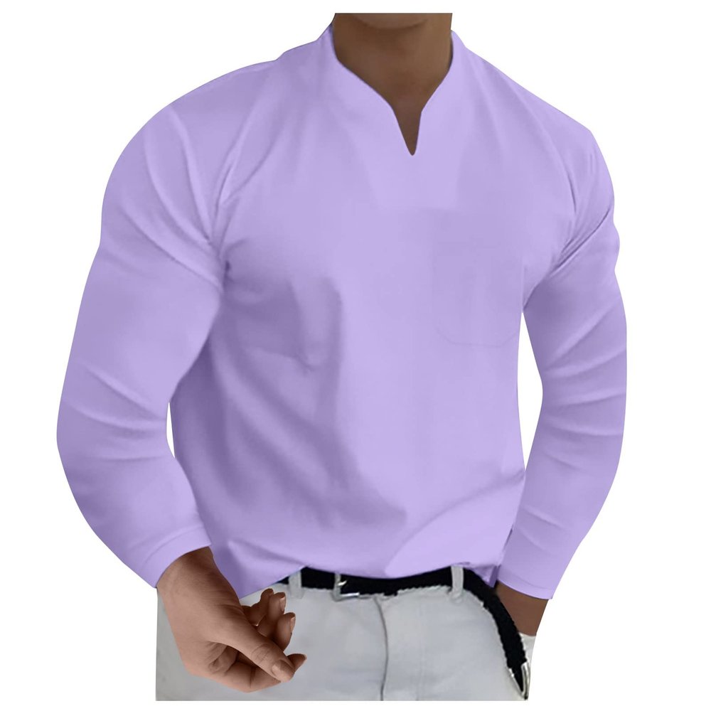 Mens Shirts, Playeras Y Camisetas para Hombres Long Sleeve Cotton Shirts for Men T Shirt Men's Casual Solid Color V-Neck Gentleman's Business T Shirt with Pockets Hombre (L, Light Purple)