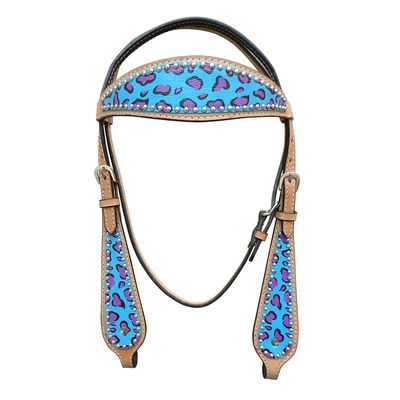 HILASON Western Horse Leather Headstall Set Turquoise Cheetah