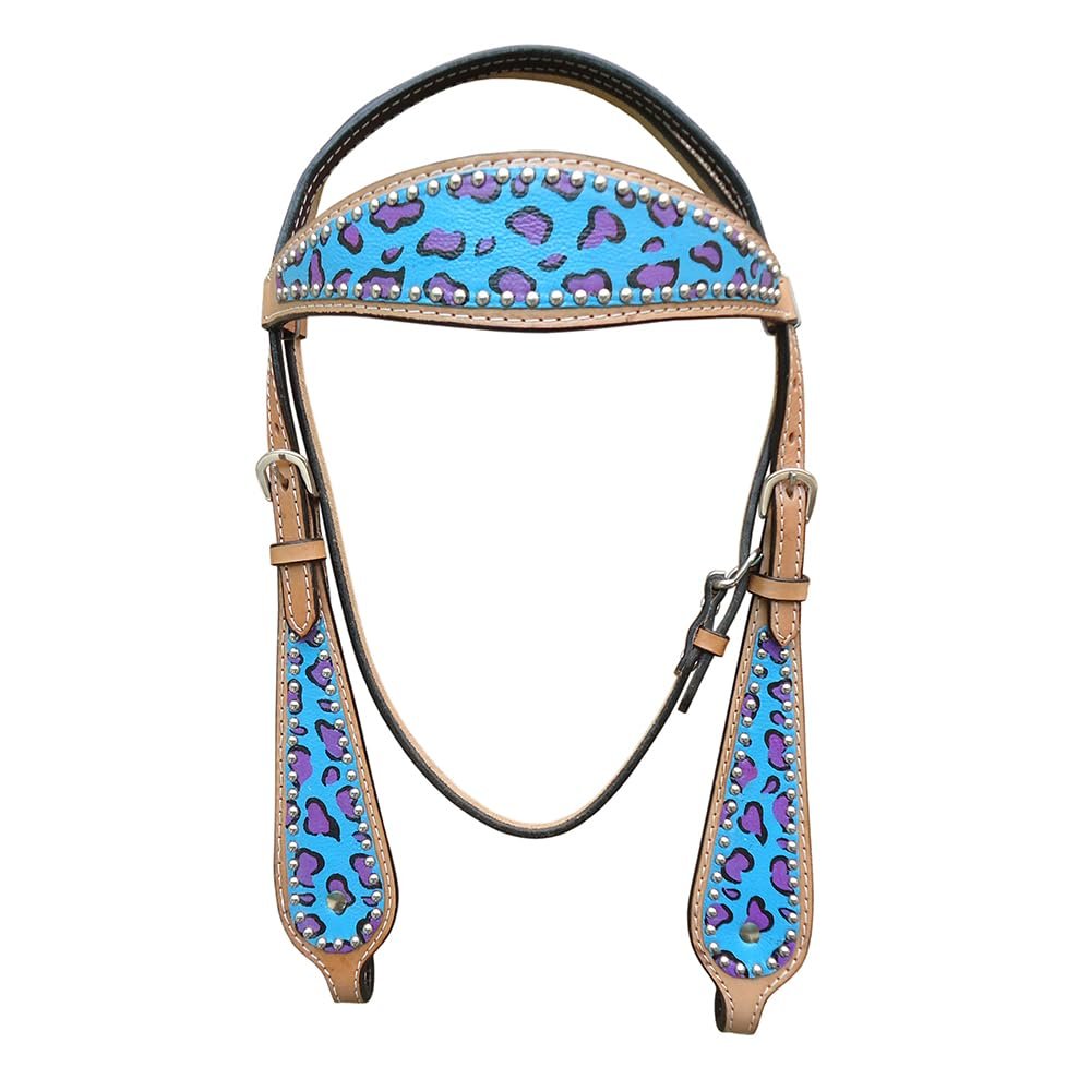 HILASON Western Horse Leather Headstall Set Turquoise Cheetah