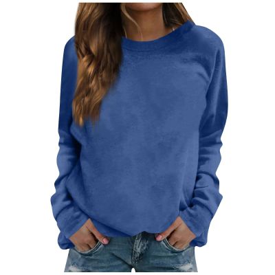 Women's Casual Crew Neck Sweatshirts Long Sleeve Solid Tunic Tops Cute Loose Fit Pullovers Classic Basic Soft Comfy Dark Blue