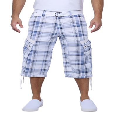 X RAY Men's Belted Long Cargo Shorts for Men, Below Knee Length Mens Cargo Shorts, 3/4 Pants (Big and Tall Shorts for Men), Plaid Blue/White, 54
