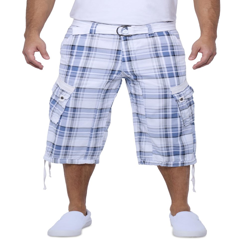 X RAY Men's Belted Long Cargo Shorts for Men, Below Knee Length Mens Cargo Shorts, 3/4 Pants (Big and Tall Shorts for Men), Plaid Blue/White, 54