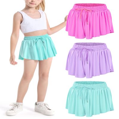 Auranso Girls Flowy Shorts with Pocket 2-in-1 Athletic Running Butterfly Shorts 3Pack Rose Red-Purple-Light Green 7-8 Years