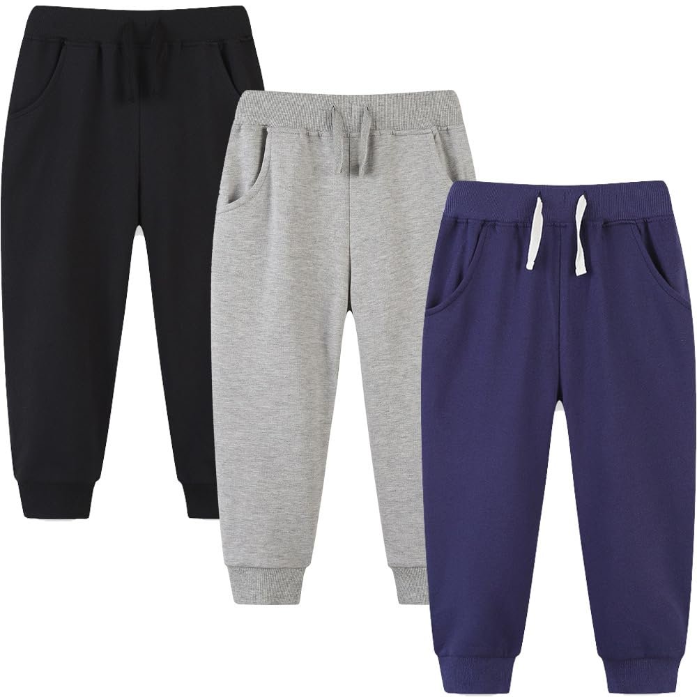 GFQLONG 3 Pack Baby Boy Drawstring Elastic Sweatpants,Toddler Cotton Dinosaur Active Jogger Pants with Pockets,Solid Color,2-3T