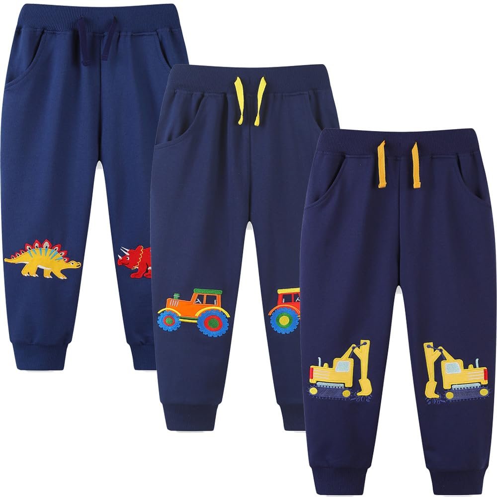 GFQLONG 3 Pack Baby Boy Drawstring Elastic Sweatpants,Toddler Cotton Dinosaur Active Jogger Pants with Pockets,Car&Dinosaur,5-6T